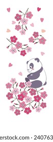 Cute panda with branches cherry blossoms. Children's greeting card with panda and sakura flowers. Minimalist style.Vector illustration.