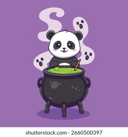 Poção cervejante de panda bonito no caldeirão para a celebração de Halloween, ilustração vetorial