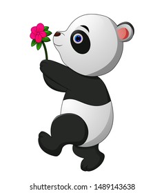 Cute panda bring a flowers