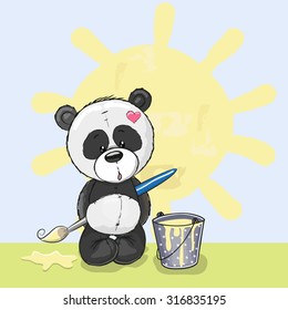 Cute Panda with brush is drawing a sun