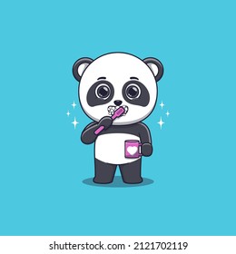 Cute Panda brushing teeth while holding mug