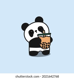 Cute Panda With Bubble Tea Cartoon, Vector Illustration