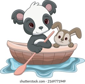 Cute panda and bunny cartoon on the boat