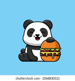 Cute Panda And Burger Cartoon Vector Icon Illustration. Animal Food Icon Concept Isolated Premium Vector. Flat Cartoon Style