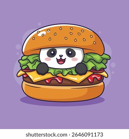 Panda bonito em um vetor de desenhos animados de hambúrguer Ilustração