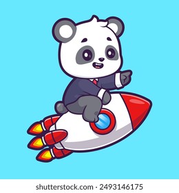 Cute Panda Business Riding Rocket Cartoon Vector Icon Illustration. Animal Technology Icon Concept Isolated Premium Vector. Flat Cartoon Style