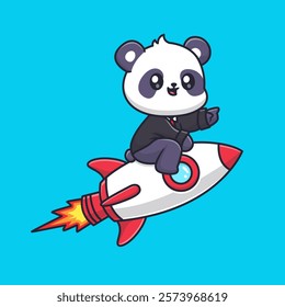 Cute Panda Businessman Riding Rocket Cartoon Vector Icon 
Illustration. Animal Business Icon Concept Isolated Premium 
Vector. Flat Cartoon Style 