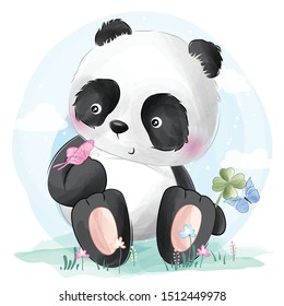 Cute Panda And Butterflies Illustration