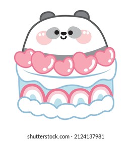 Cute panda cake with heart and rainbow candy.Animal character design.Bear cartoon.Image for card,sticker,kid product.Isolated.Kawaii.Vector.Illustration.