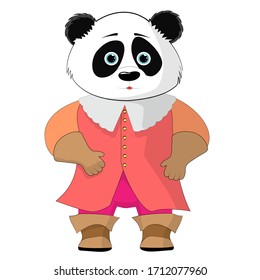 Un lindo panda en un camisole se levanta y sonríe. Caricatura divertida aislada en un fondo blanco.