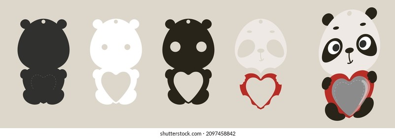 Cute panda candy ornament. Layered paper decoration treat holder for dome. Hanger for sweets, candy for birthday, baby shower, valentine days. Print, cut out, glue. Vector stock illustration