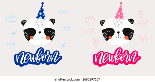 Cute Panda in a cap for a birthday, the inscription Newborn for a girl and a boy