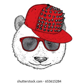 Cute panda in a cap with spikes and glasses. Vector illustration for a postcard or a poster. Funny bear. Animal in clothes.