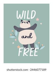 Lindo panda, diseño de tarjeta en estilo escandinavo. Adorable animal salvaje, postal de Vertical, cita de inspiración, frase. Feliz mamífero bebé divertido y cita. Ilustración vectorial gráfica plana Scandi para niños.