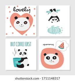 Cute panda card set - isolated cartoon animal in love, holding coffee cup, hanging upside down on bamboo tree and thinking of food. Flat vector illustration.