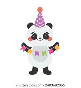 Cute panda with carnival garland with flags, wearing party hat. Birthday greetings. Vector illustration