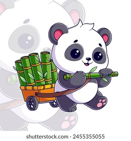 Cute panda is carrying a lot of bamboo