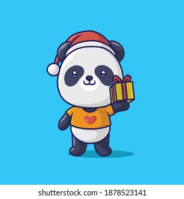 Cute panda carrying gift box in christmas.