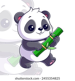 Cute panda carrying a piece of bamboo