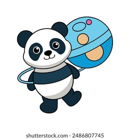 Cute panda carrying planet balloon vector illustration