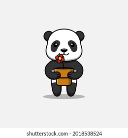 Cute panda carrying a pot of flower