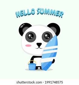 Cute panda carrying surfboard with summer greetings
