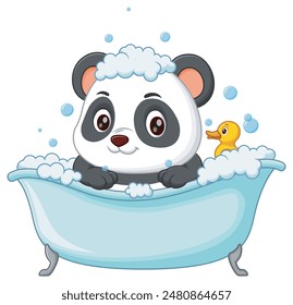 Cute Panda Cartoon Bathing In Bathtub. Animal Nature Icon Concept Isolated Premium Vector. Vector Illustration