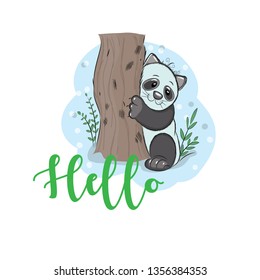 Cute panda cartoon behind a tree with a Hello message, vector illustration