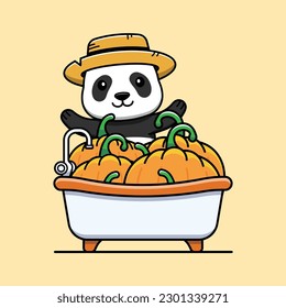 Cute panda cartoon character in a bathtub with pumpkins. Vector illustration.
