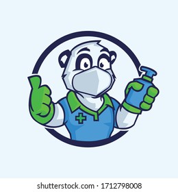 Cute Panda Cartoon Character with disinfectant to overcome corona pandemic