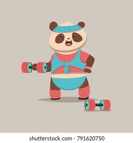 Cute Panda cartoon character doing exercises with dumbbells on the bicep. Fitness and healthy lifestyle. Vector illustration of fat funny animal isolated on background.