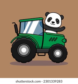 Un personaje de caricatura de panda lindo conduciendo un tractor. Ilustración vectorial.