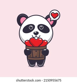 cute panda cartoon character holding love in wood bucket