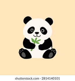 Cute panda cartoon character holding bamboo in a simple flat illustration style. Adorable wildlife animal suitable for children's books, educational materials, animal flashcards, nursery decorations, stickers, and printable designs.