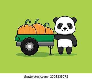 Cute panda cartoon character with pumpkins on the truck. Vector illustration.