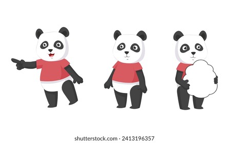 Cute Panda Cartoon Character Set with Different Poses. Panda  Standing, Pointing Finger and Holding Bubble Box Vector Illustration