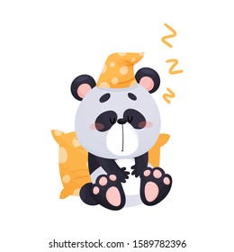 Cute Panda Cartoon Character Sleeping in Sitting Pose Leaning Against Soft Pillow Vector Illustration