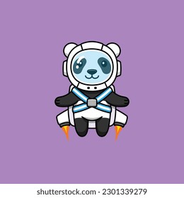 Cute panda cartoon character in space suit with rocket. Vector illustration.