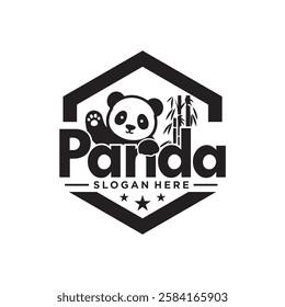 Cute panda cartoon emblem with branch isolated on white background. Vector illustration for t-shirts, websites, prints, clip art, posters and print on demand merchandise