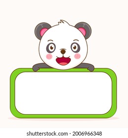 Cute panda cartoon with empty board. Vector illustration of chibi character