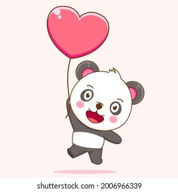 Cute panda cartoon floating with love balloon. Vector illustration of chibi character