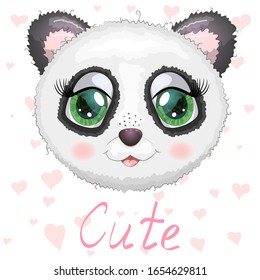 Cute panda cartoon girl face with bright expressive eyes with flowers and stars