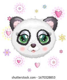 Cute panda cartoon girl face with bright expressive eyes with flowers and stars