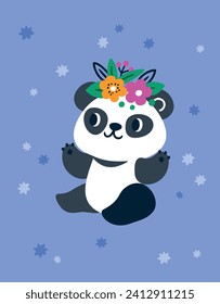 Cute panda. Cartoon greeting card. Animal character with flowers wreath. Asian baby mammal. Adorable Chinese jungle bear. Happy teddy sits. Playful creature. Vector