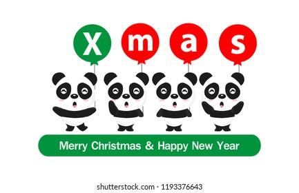 Cute panda cartoon hanging on the X-mas balloons. Christmas and New Year greeting card.Vector illustration.