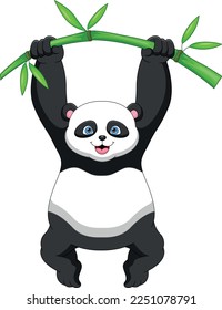 cute panda cartoon hanging on a bamboo tree