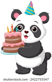 Cute Panda Cartoon Holding Birthday Cake Vector Illustration. Animal Nature Icon Concept Isolated Premium Vector