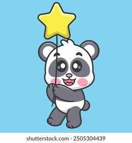 Cute Panda Cartoon Holding a Star Balloon Isolated Illustration Icon Vector, Animals Science Cartoon Icon Premium Vector, Science Cartoon Flat