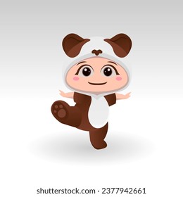 Panda lindo con Ilustración vectorial de iconos de dibujos animados. Concepto de disfraces de mascota de oso mate Vector Premium aislado. Estilo de dibujo plano