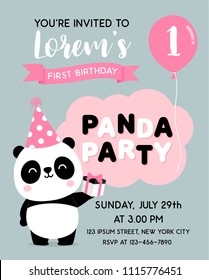 Cute Panda Cartoon Illustration For Party Invitation Card Template